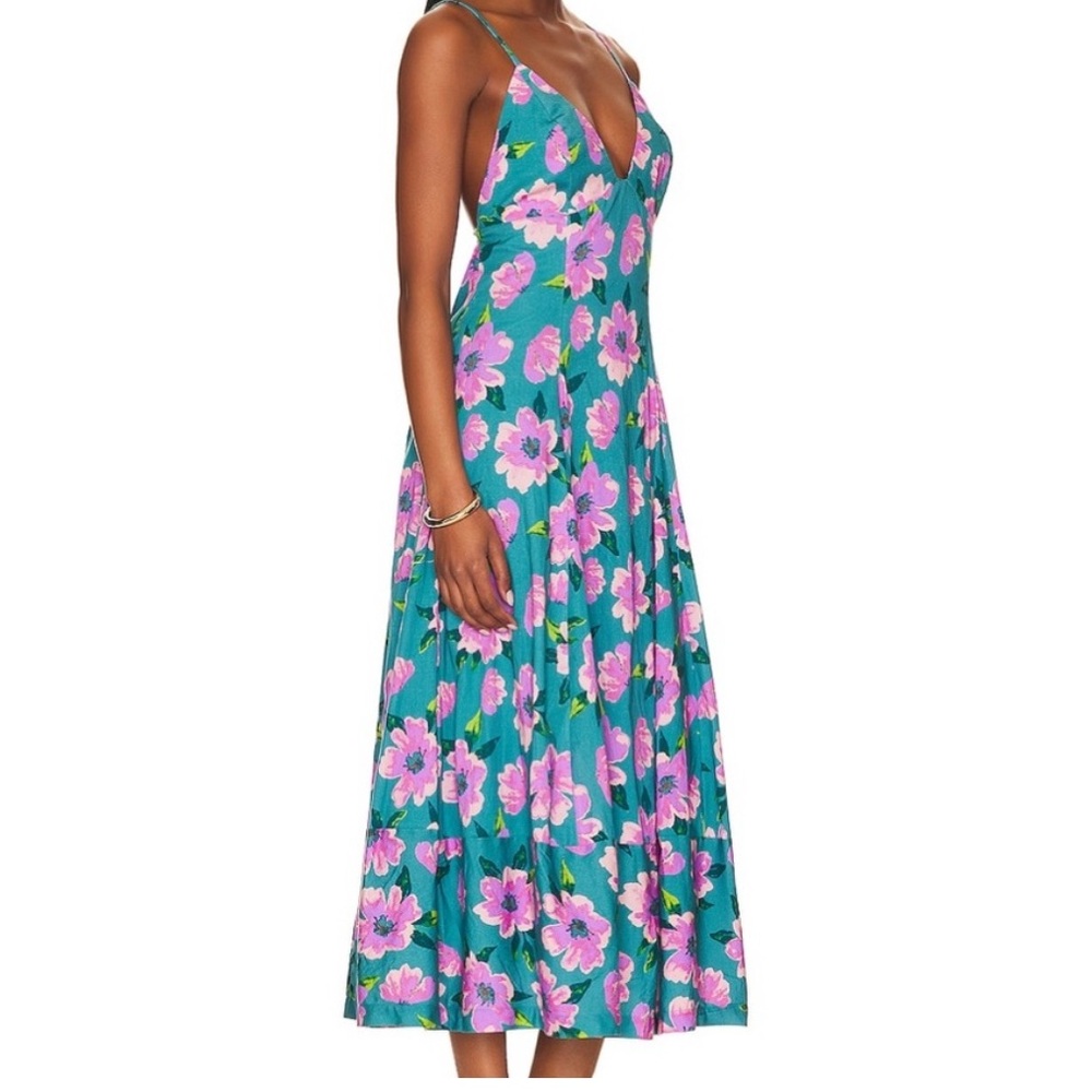 Free People finer things stretch cotton floral dress teal size small
